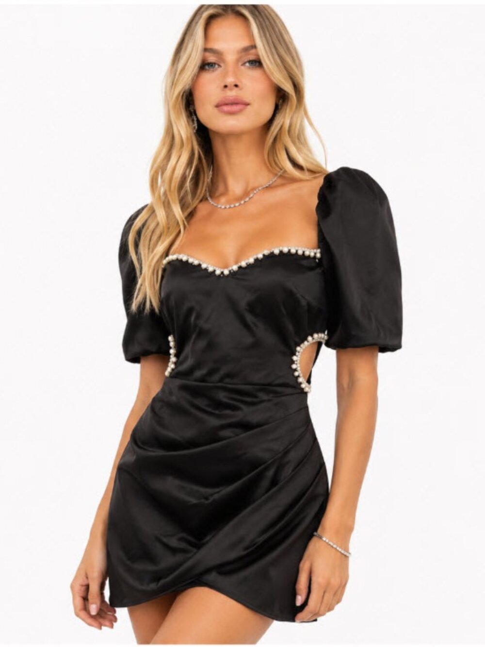 Ozlana Black Satin Dress Pearl Trim Cutout Mini Puff Sleeve Size M